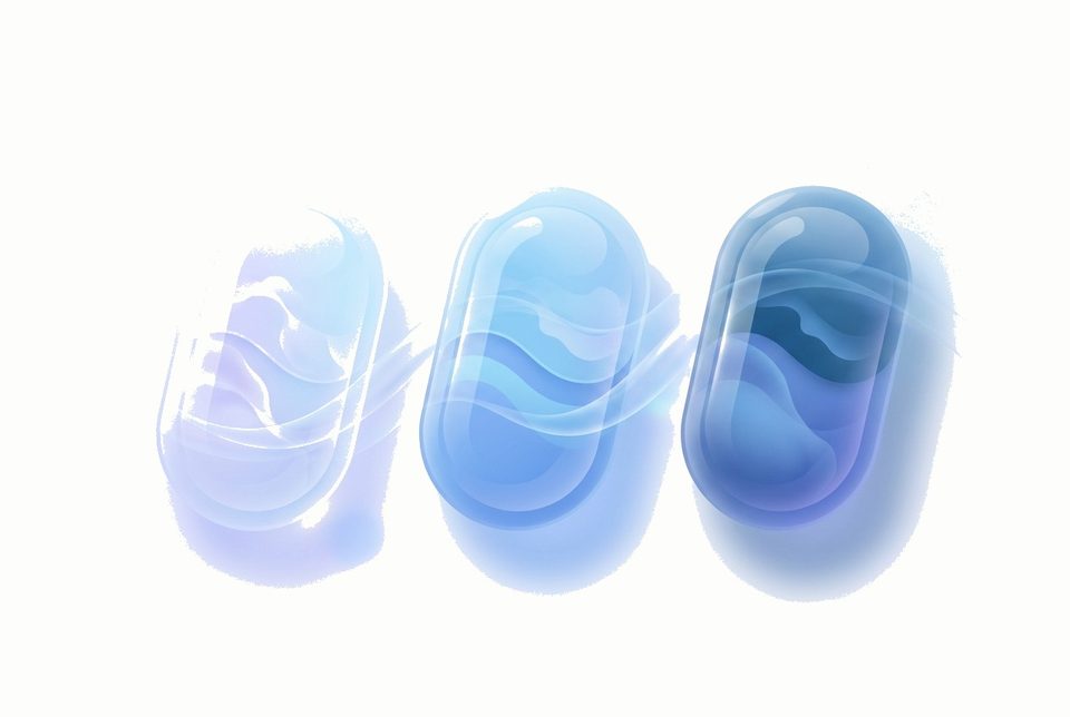 Drie soft 3D pastel-blue pill-vormen suggereren referentie-banden